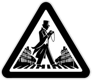 Logo Flaneur at Work - Monochromatic vector-styled logo featuring a triangular road sign with a silhouette of a 19th-century flaneur walking reflectively, holding a stylized camera in hand